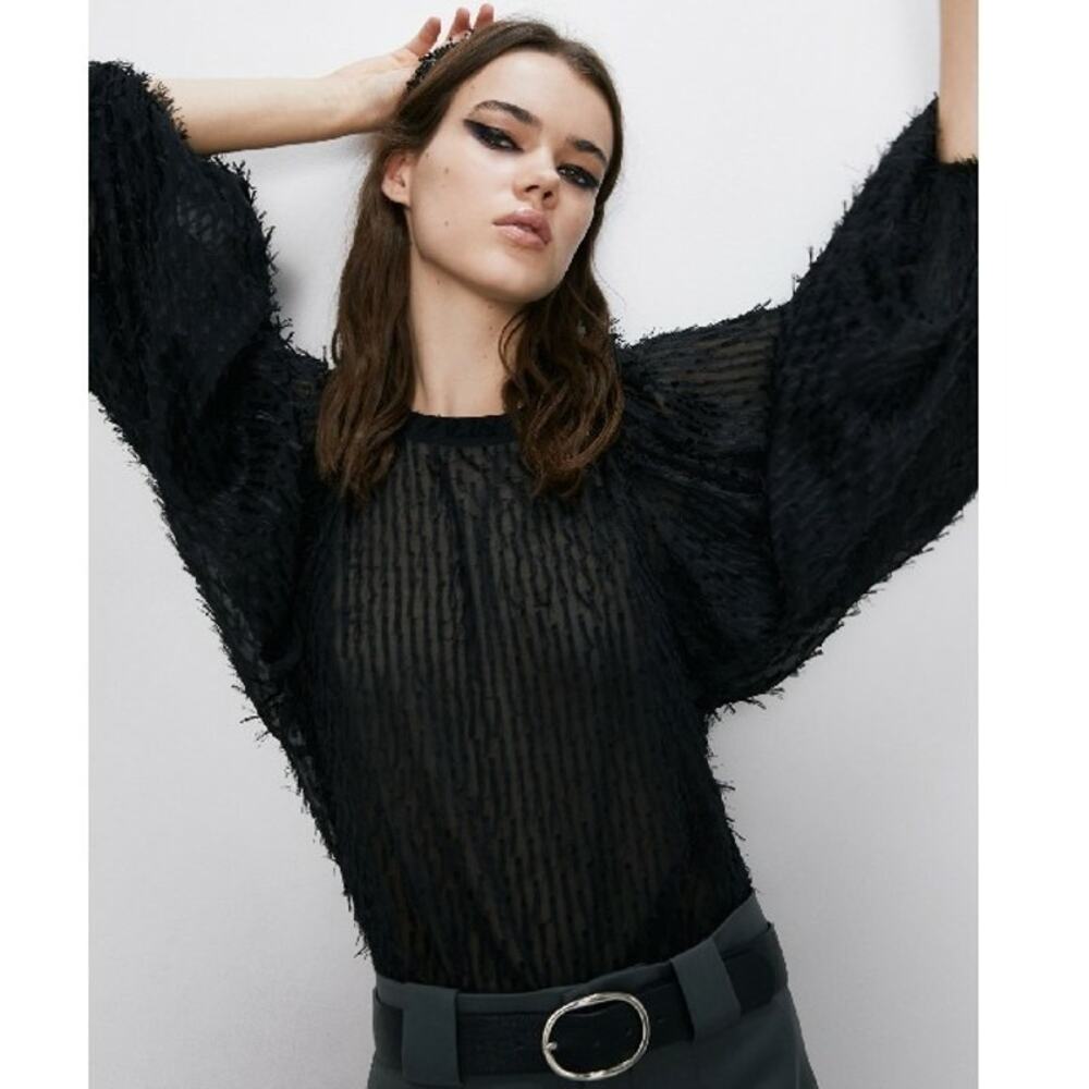 ZARA Fringe Mesh Blouse Black Semi Sheer Long Sleeve Women's S